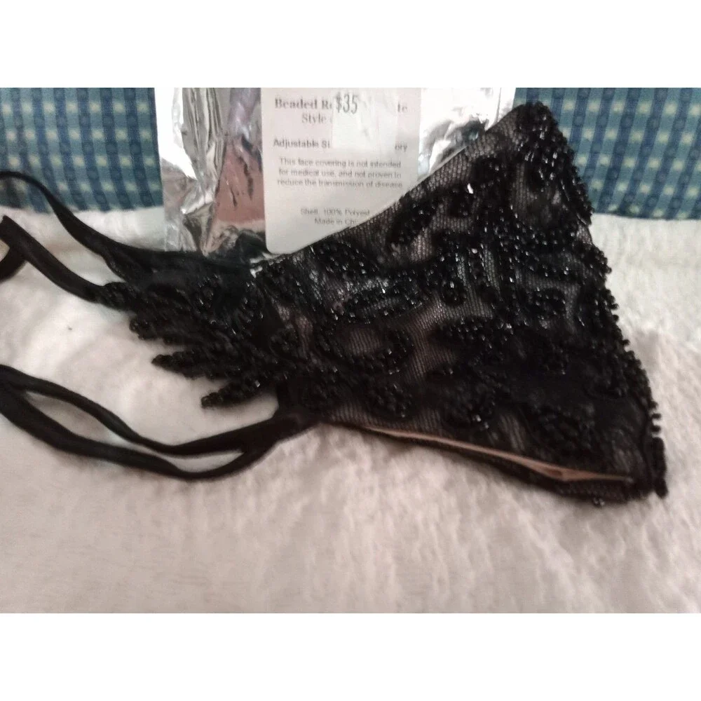 Andrea & Leo Couture Costume Face Mask Black Lace Beadwork Exterior Satin Lining